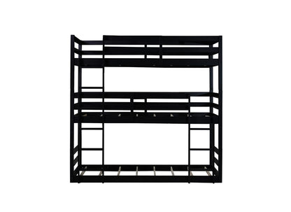 Black Rubber Wood Triple Bunk Bed with Ladders and Guardrails for Bedroom