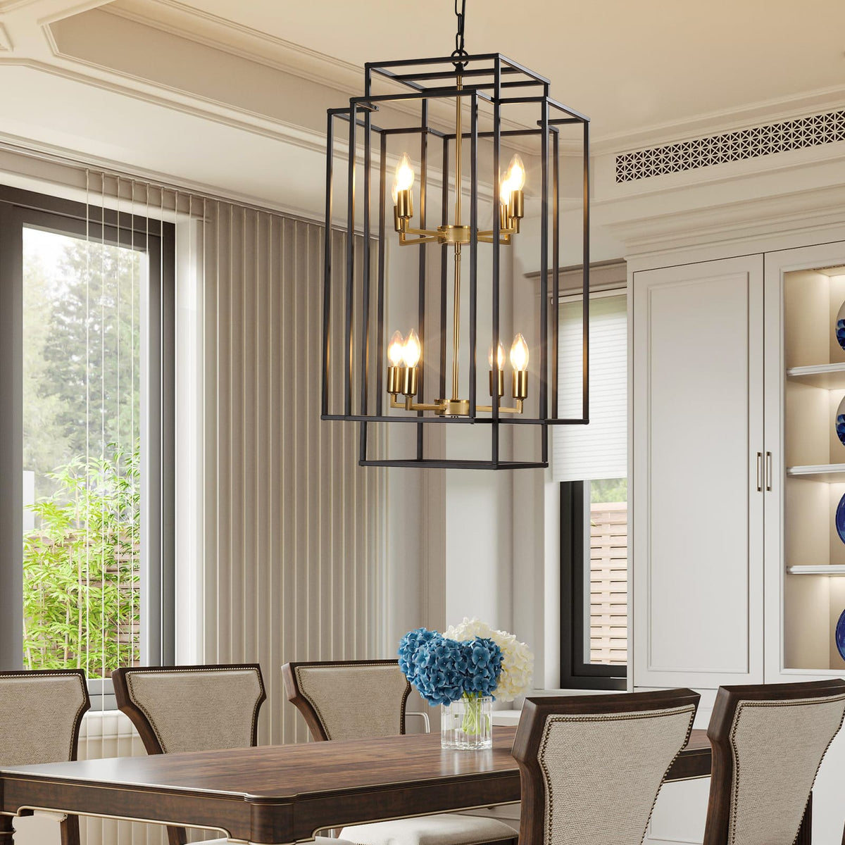 Modern Black Gold Geometric Pendant Chandelier - 8 Lights, Adjustable for Living