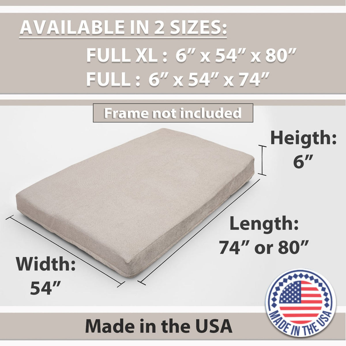 Full XL Memory Foam Futon Mattress - Beige Sofa Bed Cushion for Living Room