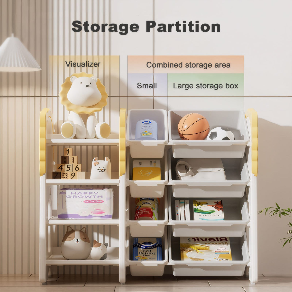 4-Tier Kids Bookshelf & Toy Storage - Grey, White, Yellow