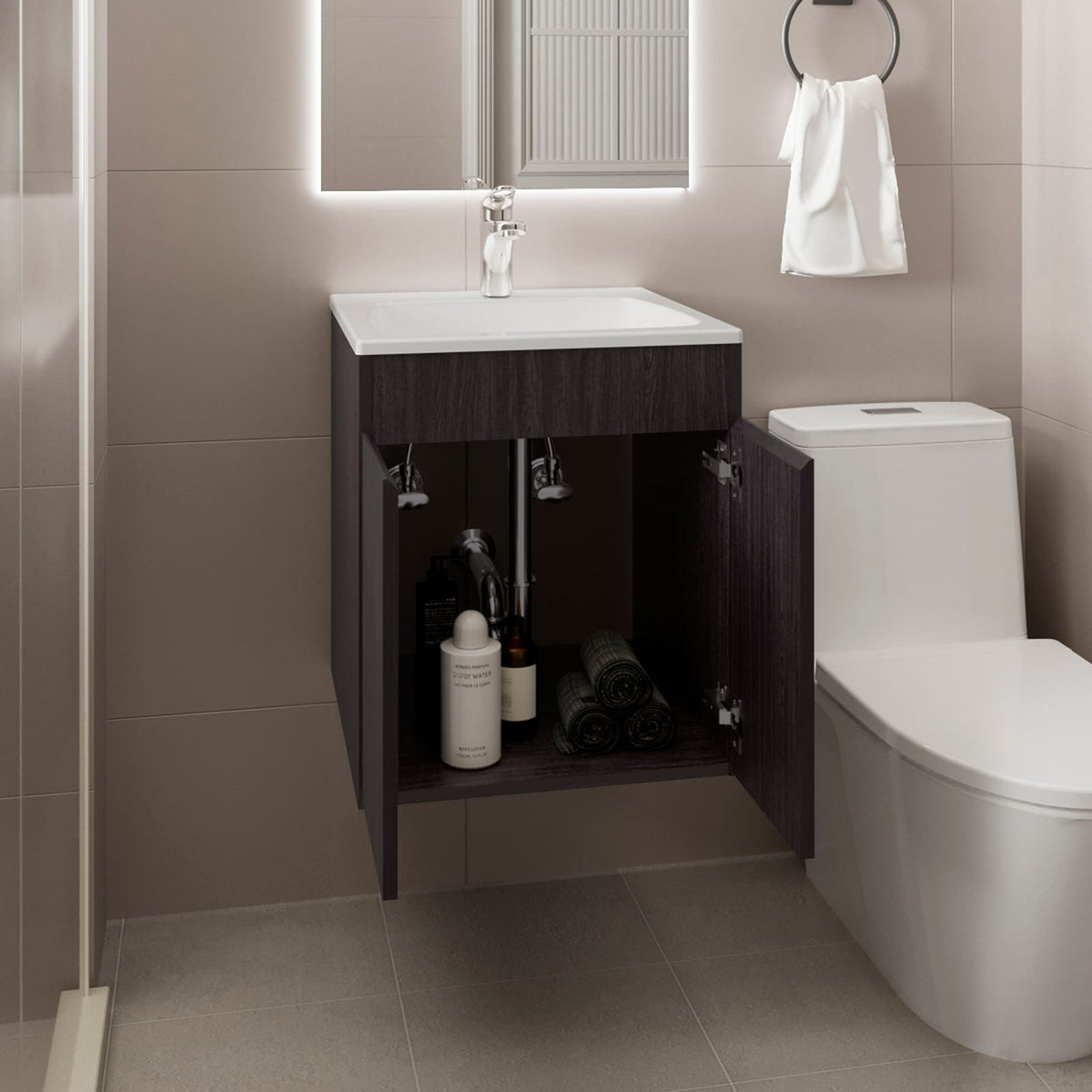 Black MDF Bathroom Vanity - 2 Drawers & Open Shelf