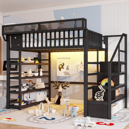 Full Metal Loft Bed with Storage - Black | 4 Shelf & Charging