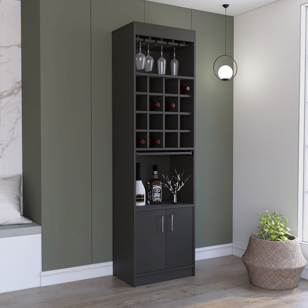 Kava Bar Cabinet - 16 Wine Rack, Black Storage