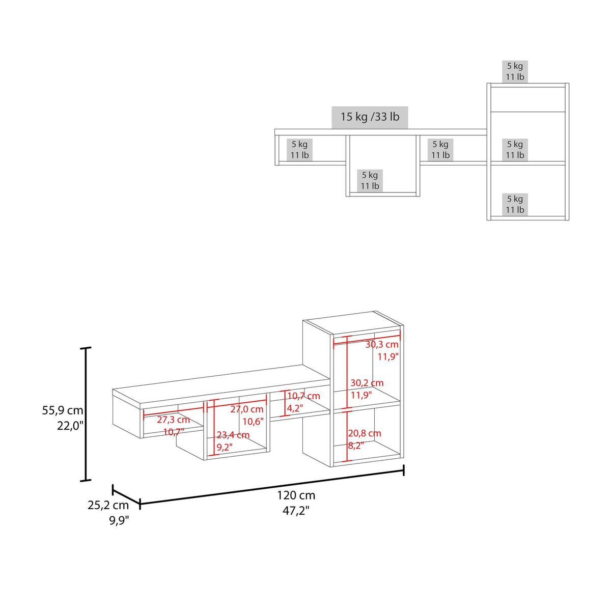 White Wall Mounted Shelves - 5 Shelf Unit for Living Room