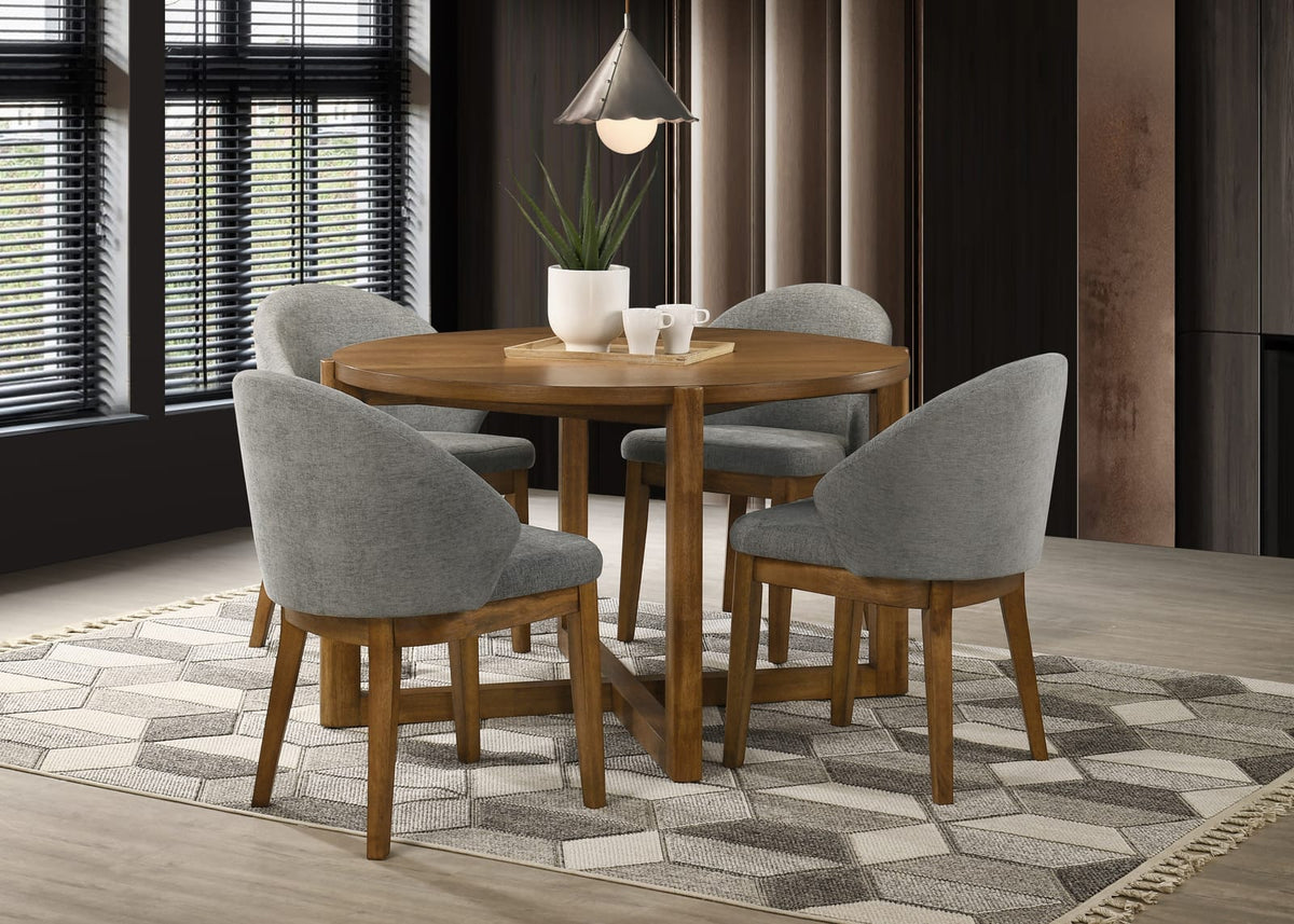 Walnut Round Dining Table Set - 5 Piece with Gray Chairs for Dining Room