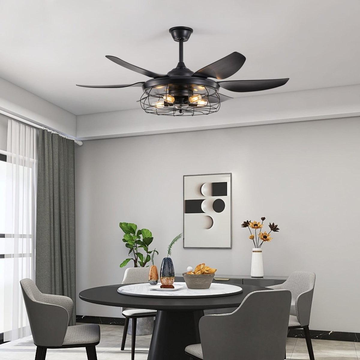 Black Iron Ceiling Fan with Light for Bedroom Decor and Guest Rooms