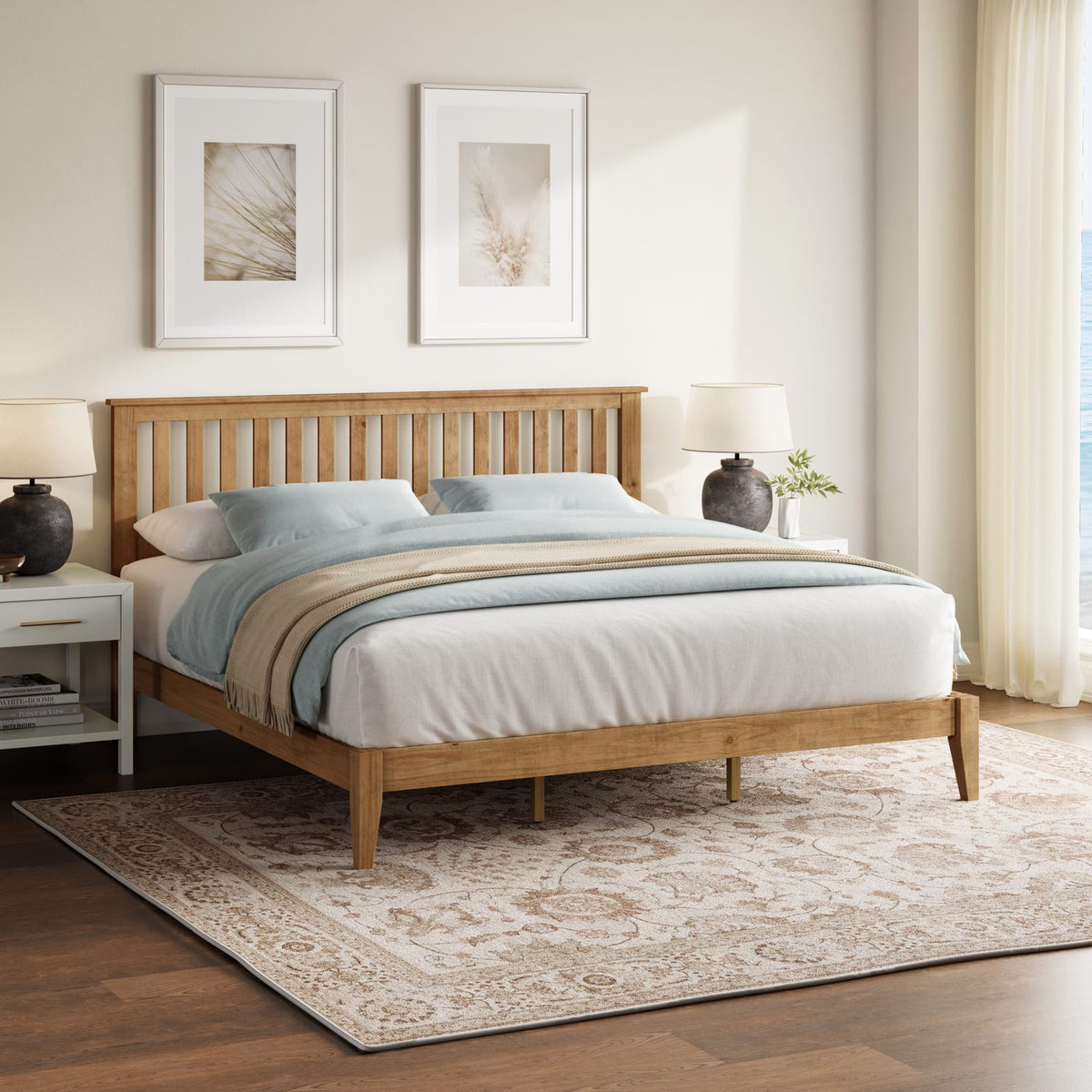 Mission Style King Bed Frame with Integrated Slat System for Bedroom