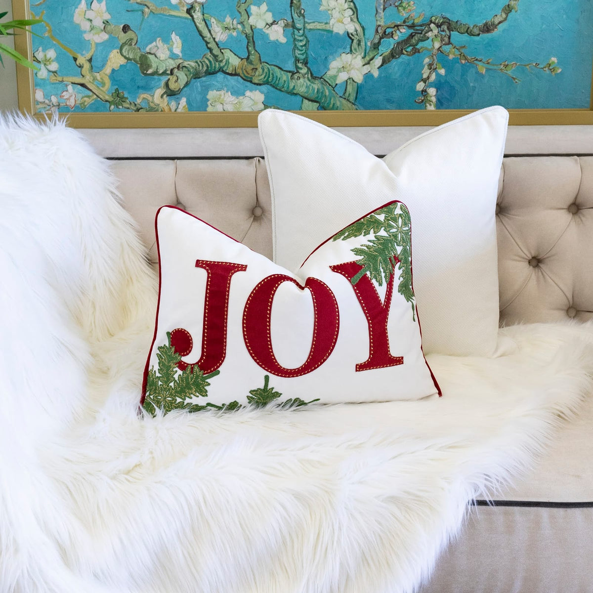 JOY Embroidered Christmas Throw Pillow 14x20" Velvet Lumbar Cushion in Red and