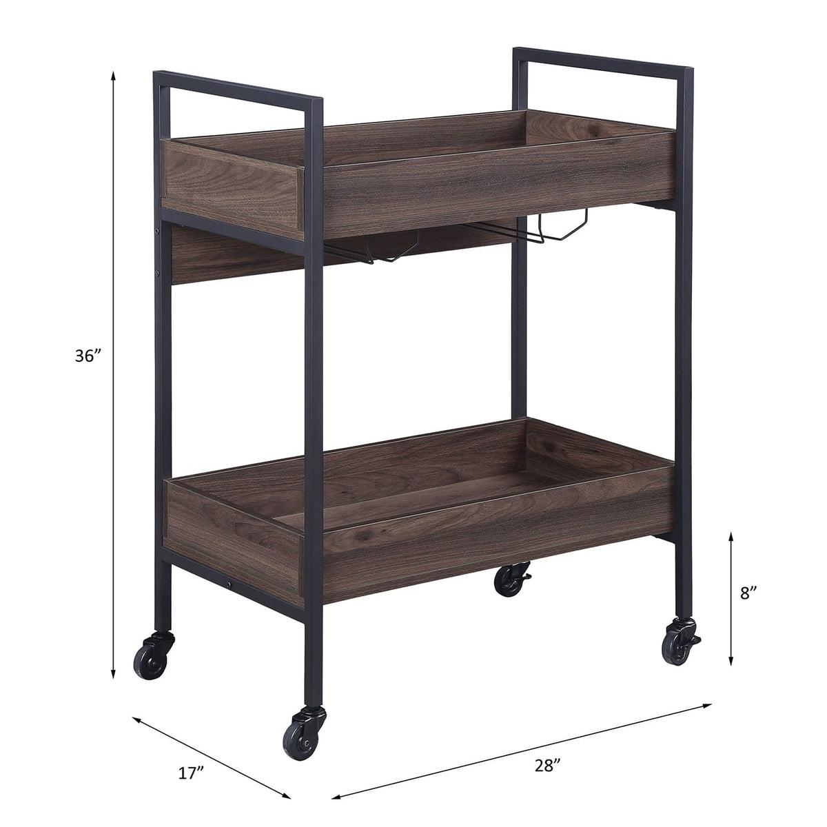 Rectangular Kitchen Cart with 2 Tier Shelf, Walnut and Black for Dining Room Storage