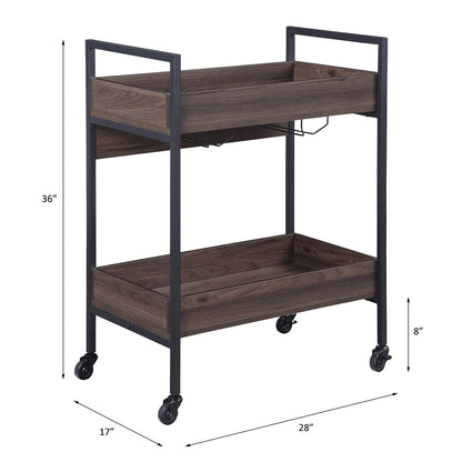 Rectangular Kitchen Cart with 2 Tier Shelf, Walnut and Black for Dining Room Storage
