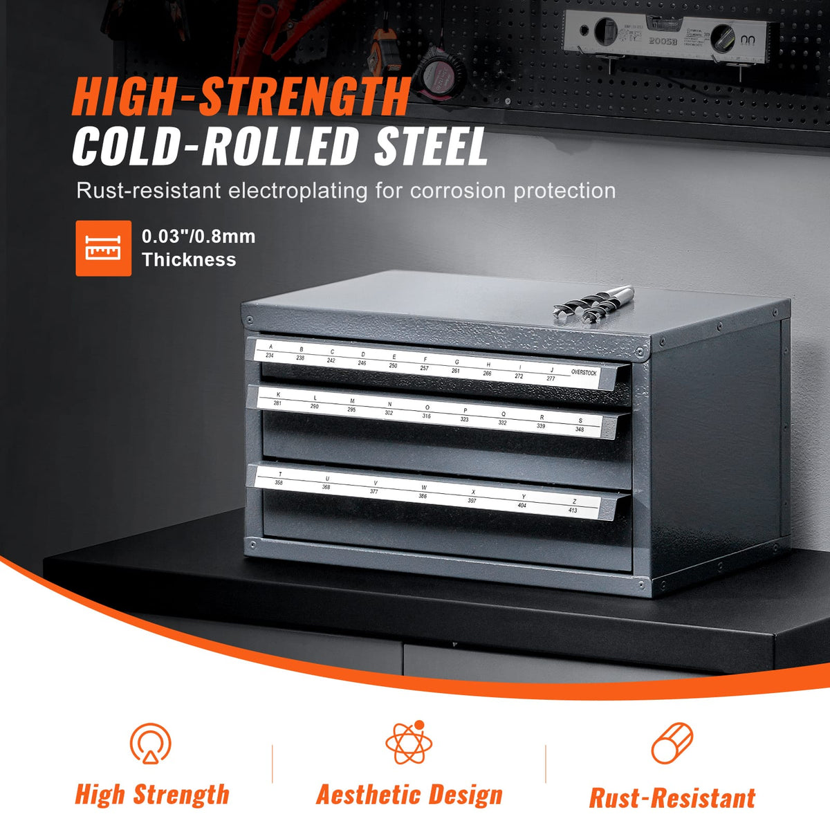 Drill Bit Dispenser Cabinet - 3 Drawers, Steel Organizer for A to Z Drill Bits