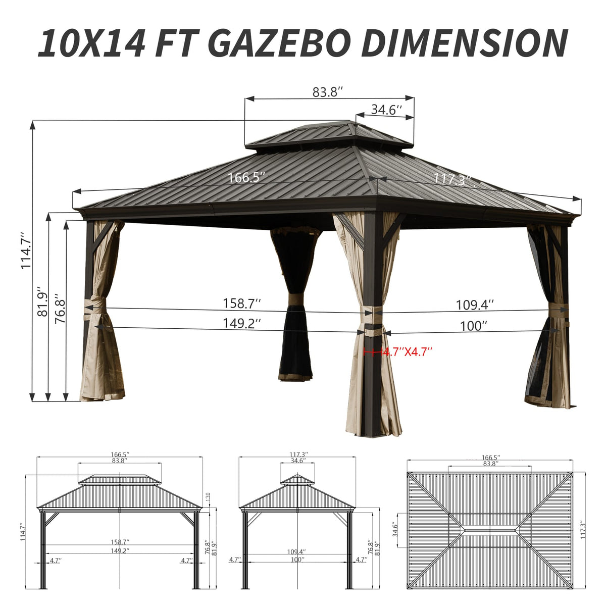 10' x 14' Hardtop Gazebo - Brown Aluminum Frame