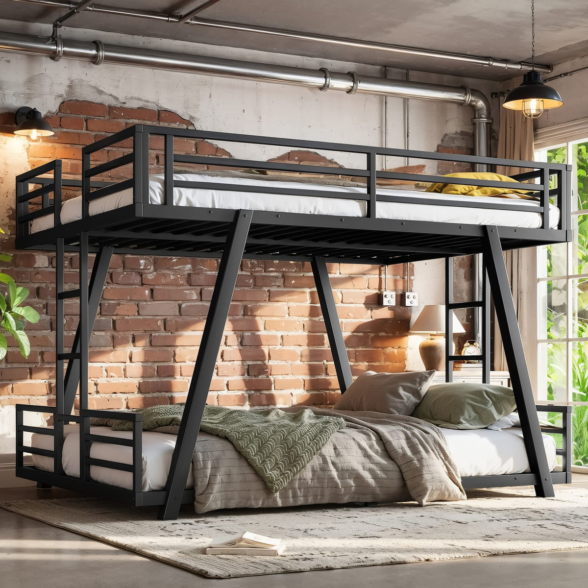 Queen Over Queen Bunk Bed - Black Metal Frame for Bedroom