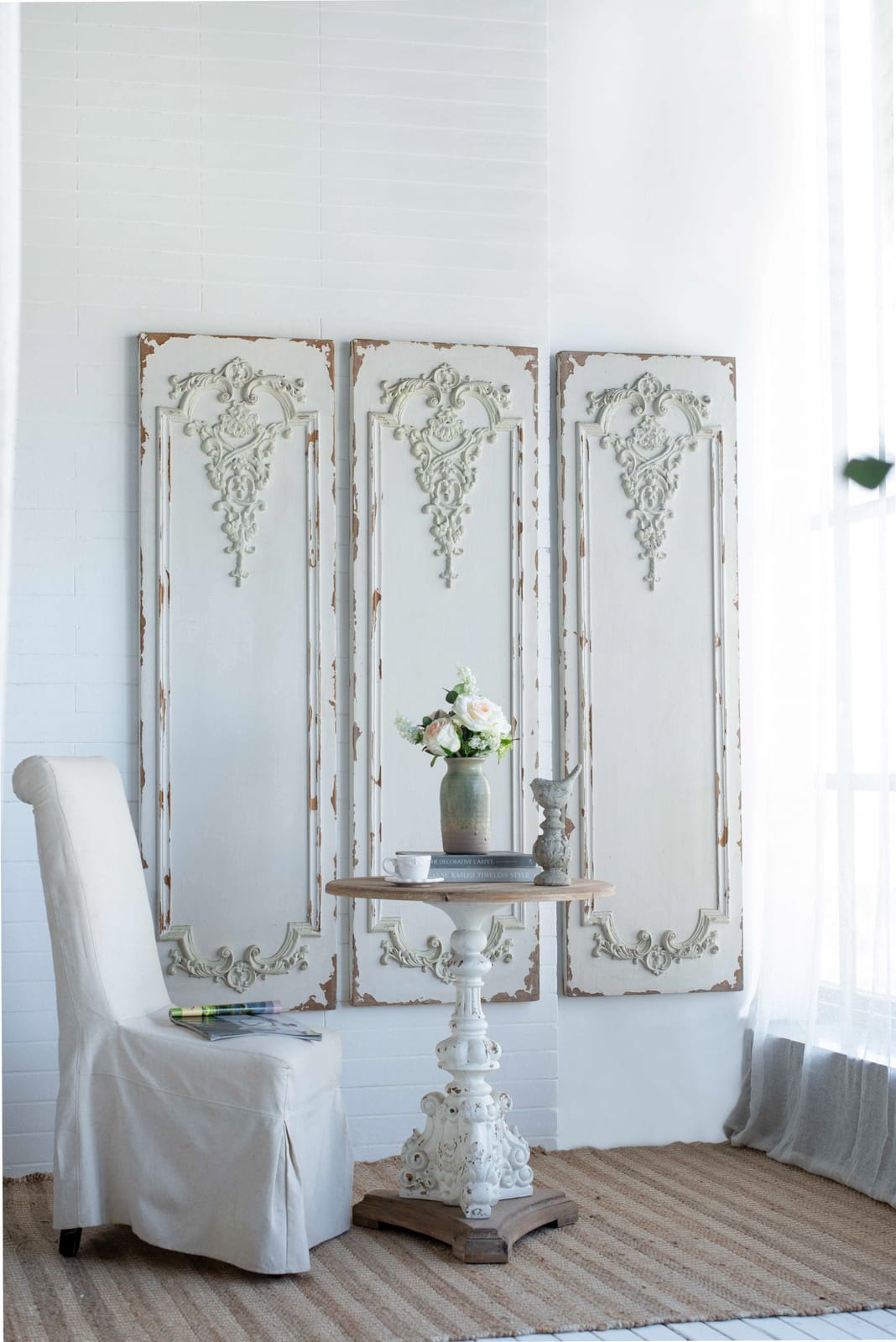 Vintage Boiserie Wall Art Panels Set of 3 in White Magnesium Oxide