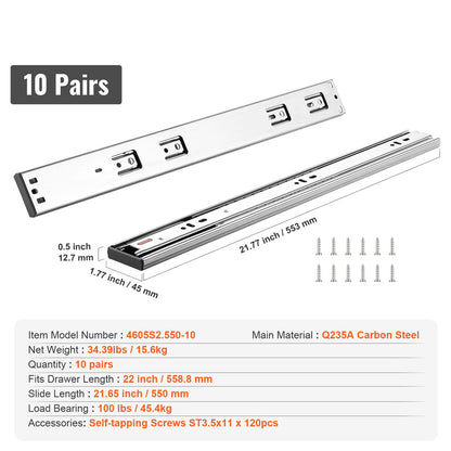 22 Inch Steel Drawer Slides - Full Extension Soft Close Rails