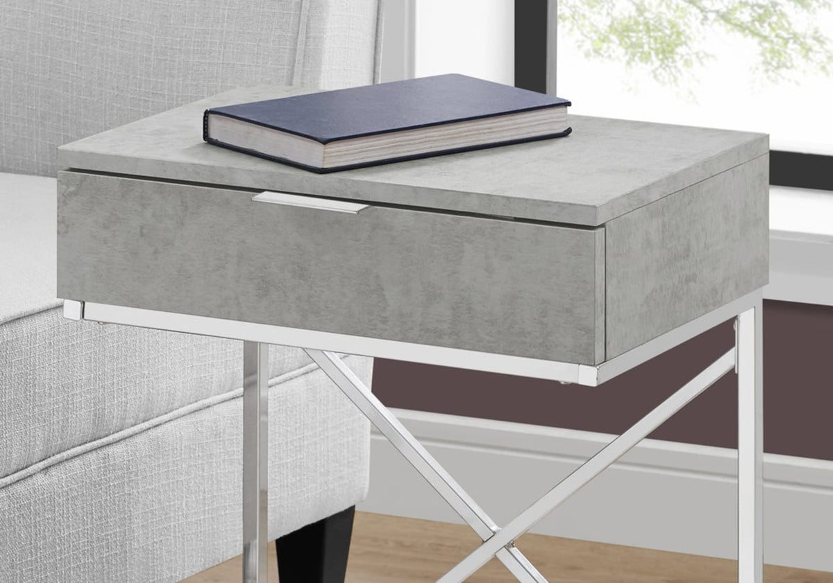 Grey Accent Table with Storage Drawer - Modern Side Table