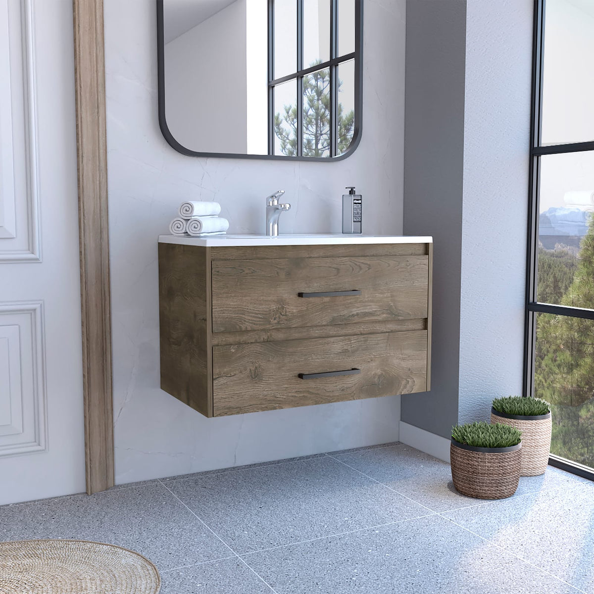 White Particle Board Bathroom Vanity Sink with Two Drawers