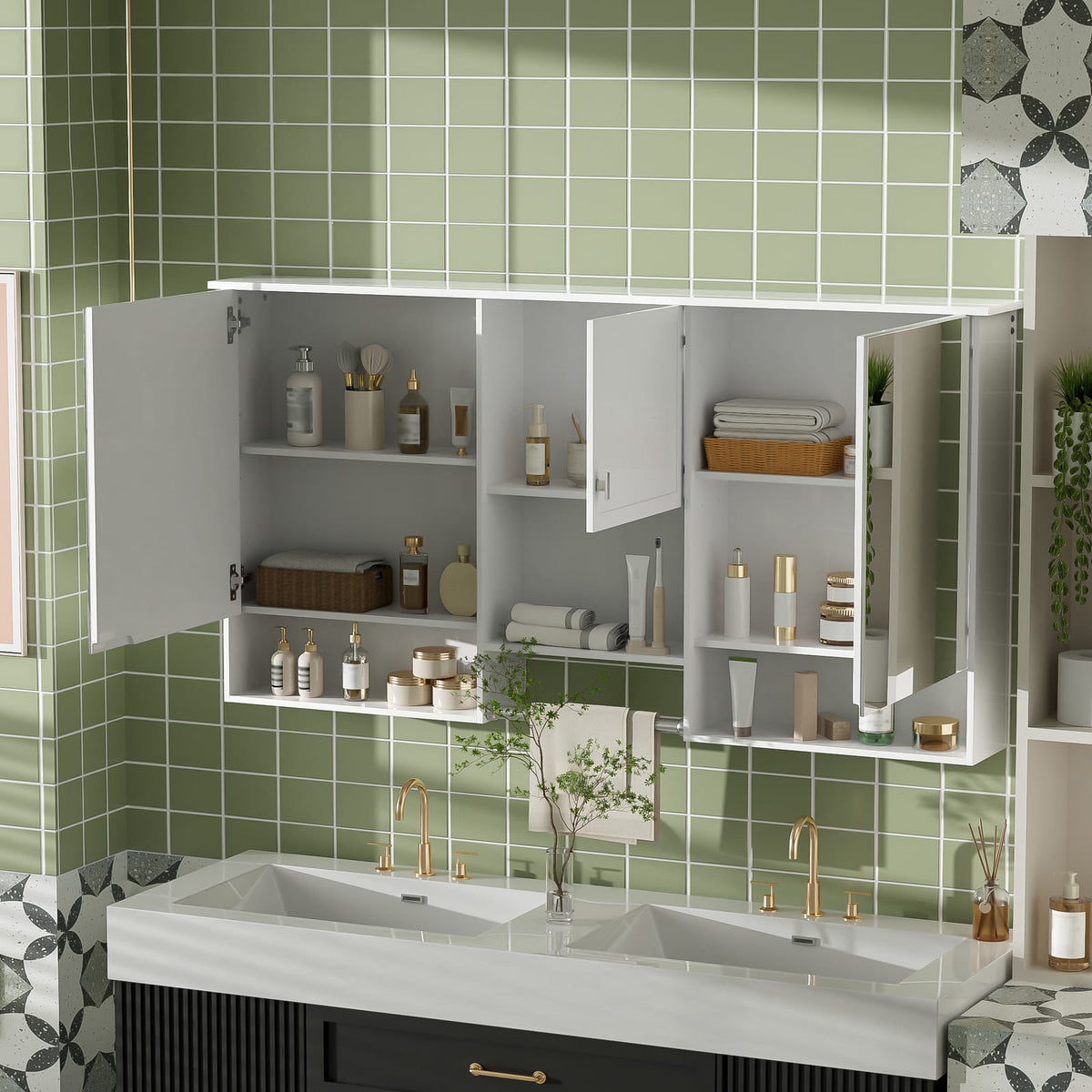55 Inch Wall-Mounted Mirror Cabinet - White Bathroom Storage