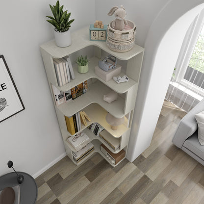 6 Tier White Oak Corner Bookshelf - Living Room Storage