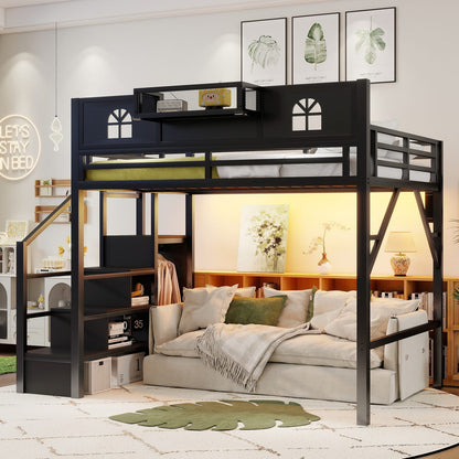 Full Size Metal Loft Bed with Stairs & Storage for Bedroom