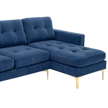 Blue Velvet L-Shape Sectional Sofa with Ottoman for Living Room