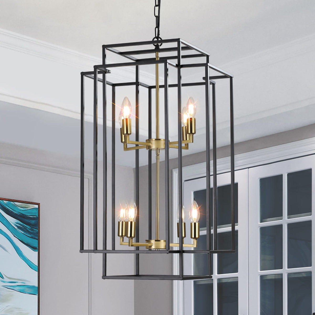 Modern Black Gold Geometric Pendant Chandelier - 8 Lights, Adjustable for Living