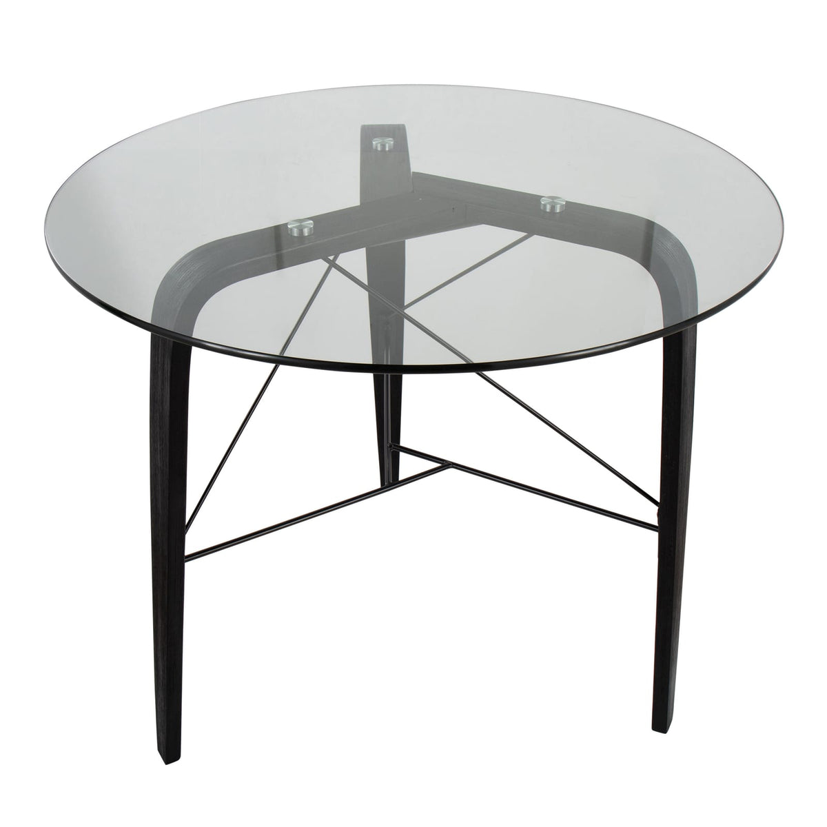 Mid-Century Modern Round Dining Table - Black Wood & Glass Top