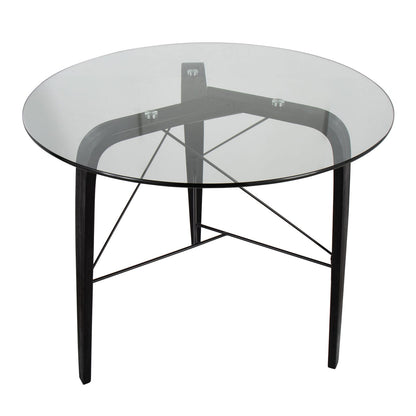 Mid-Century Modern Round Dining Table - Black Wood & Glass Top