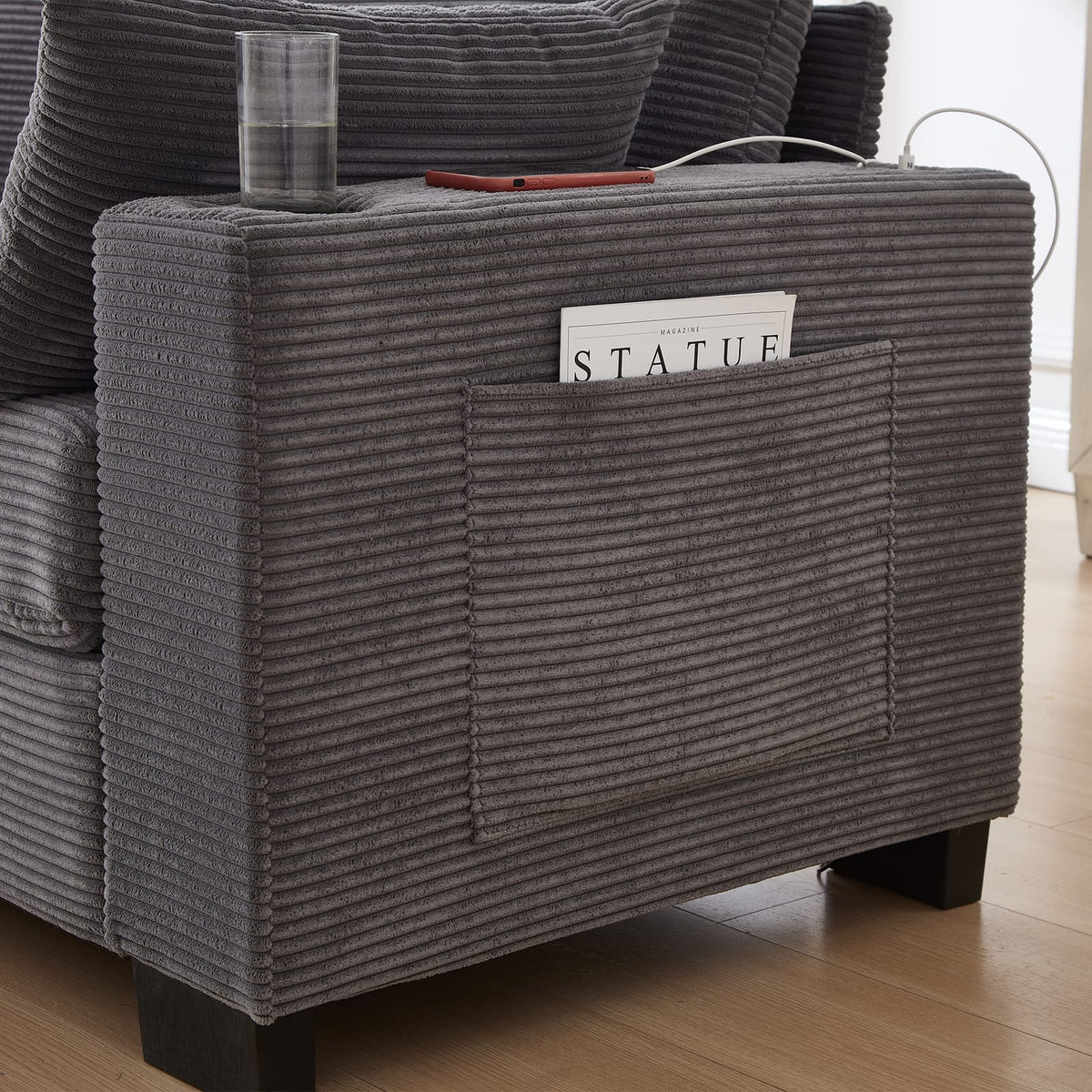 Gray Foam+Spring Sofa with USB Ports for Modern Living Room Seating