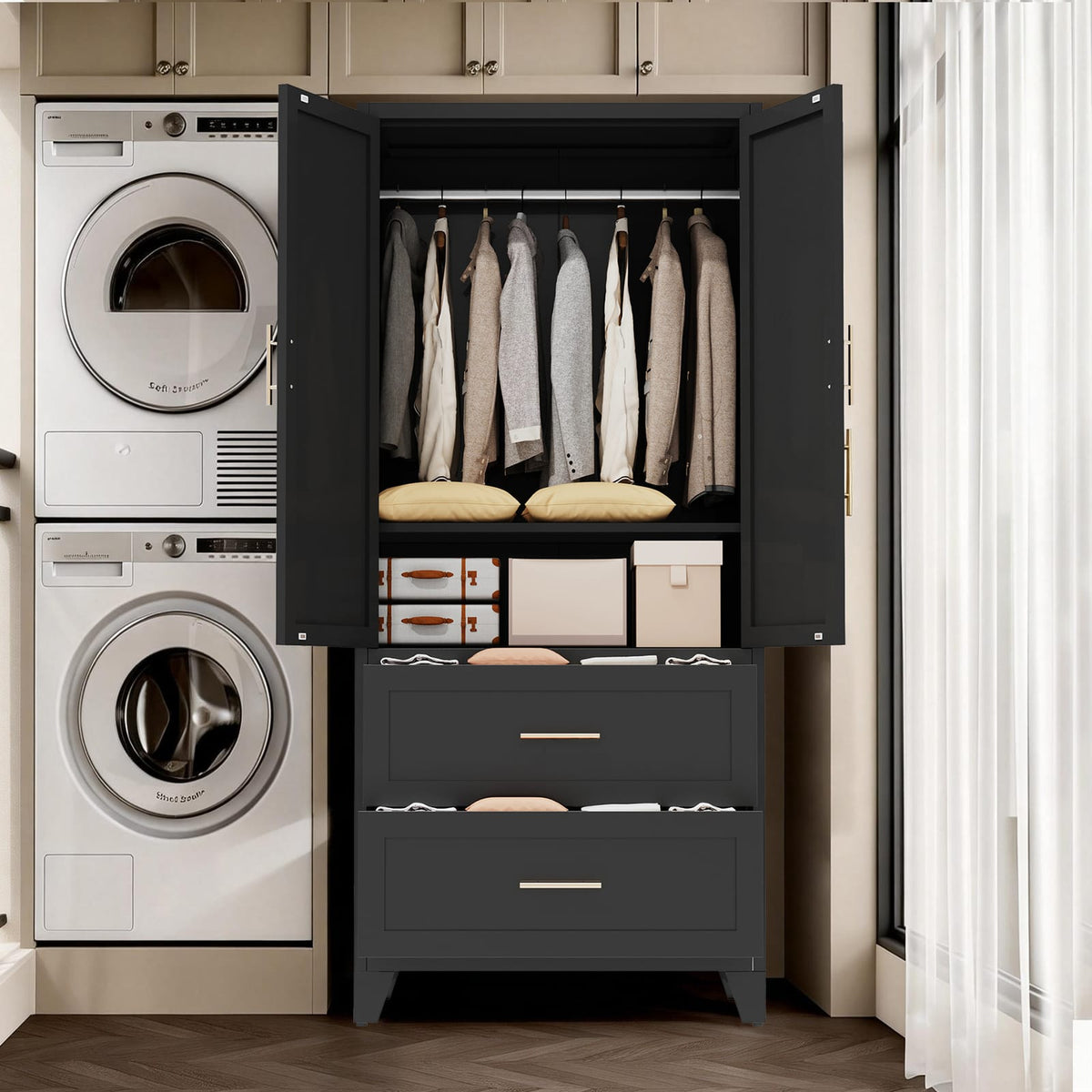 71 Inch Tall Black Steel Wardrobe Cabinet with Drawers