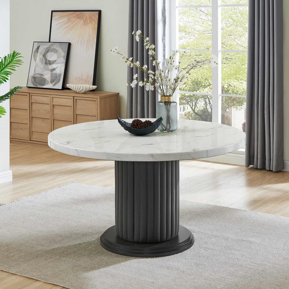 White Gray Dining Table Set 6 Chairs Round Tabletop
