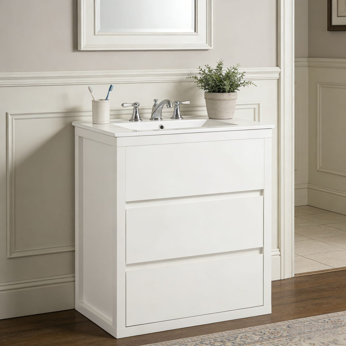 30 inch White Bathroom Vanity with Ceramic Sink and Soft Close Drawers