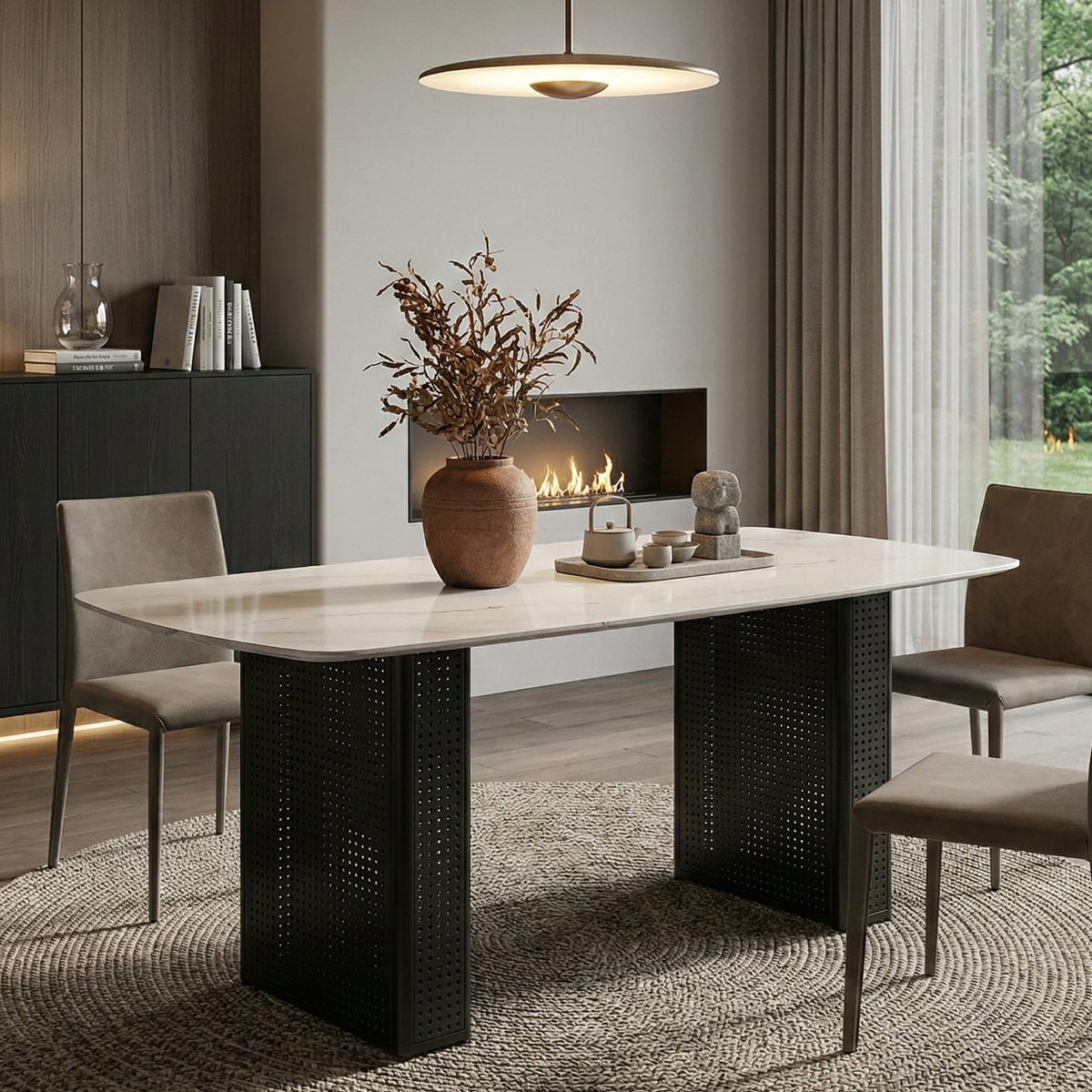 Black Tempered Glass Dining Table with Marble Pattern, Black Metal Legs