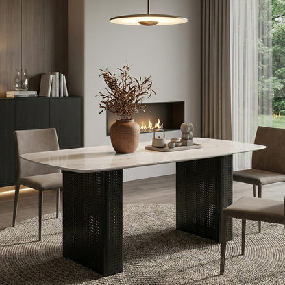 Black Tempered Glass Dining Table with Marble Pattern, Black Metal Legs