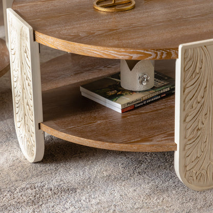 Round Wood Coffee Table with Storage - Natural Wood for Living Room