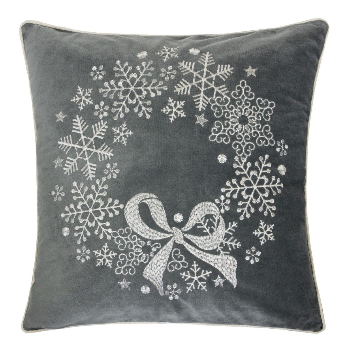 Gray Velvet Holiday Throw Pillow - Snowflake Embroidery, 20x20 with Insert