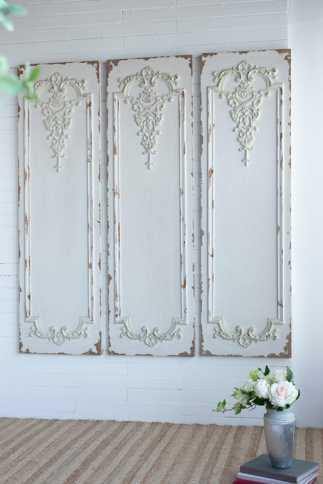 Vintage Boiserie Wall Art Panels Set of 3 in White Magnesium Oxide