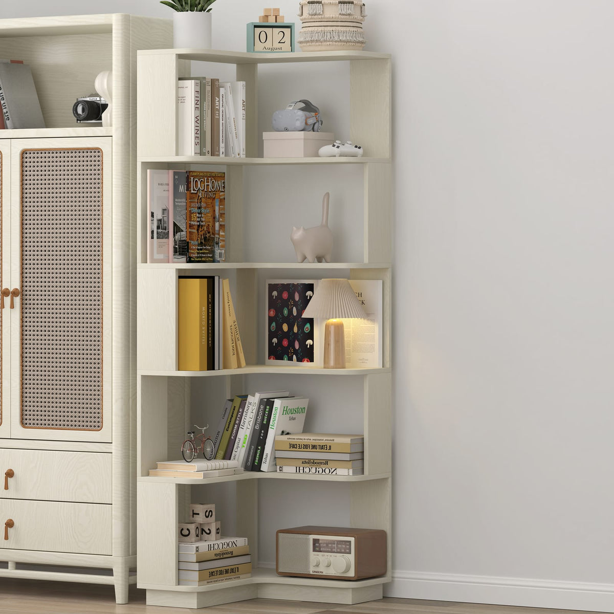 6 Tier White Oak Corner Bookshelf - Living Room Storage