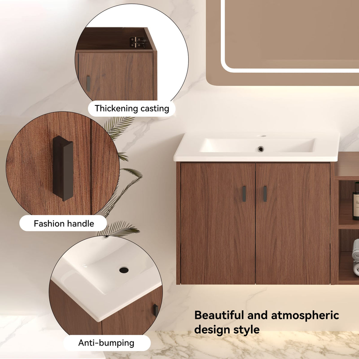 60 inch Reddish Brown Bathroom Vanity with Storage Cabinets