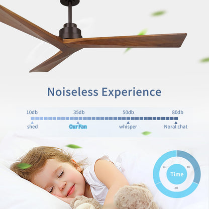 52" Wood Ceiling Fan NO Light - 3 Blades, Reversible DC Motor