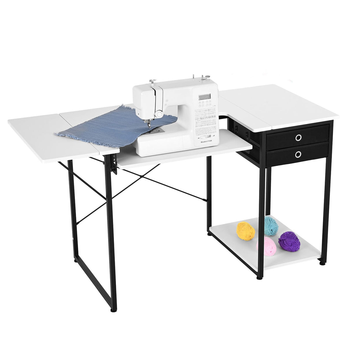 White Steel Sewing Table with Drawers & Adjustable Shelf