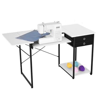 White Steel Sewing Table with Drawers & Adjustable Shelf