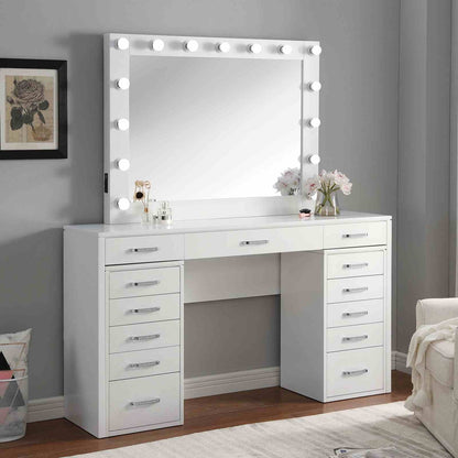 Glam Vanity Set - 5 Drawers White Solid Wood Bedroom Storage