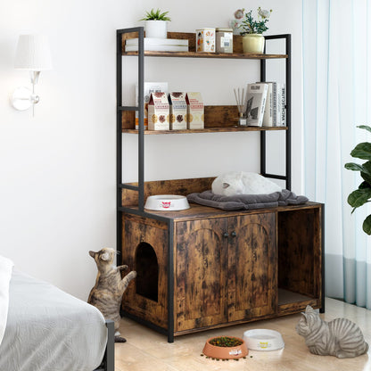 Large Brown Cat Bed with Storage Shelves - Litter Box Furniture
