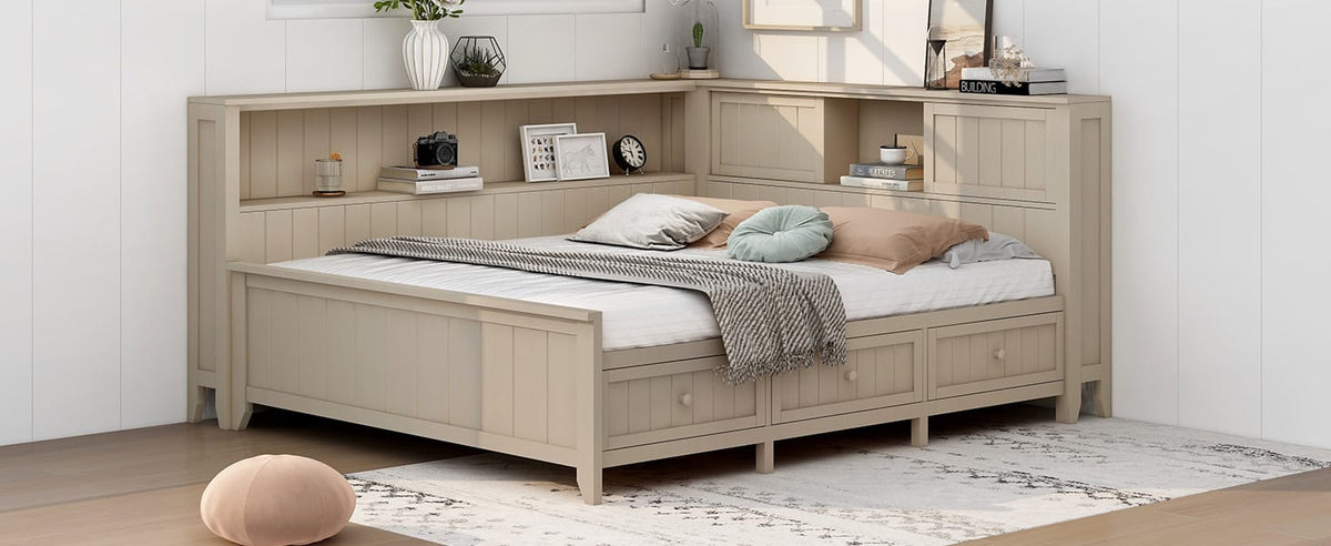 Full Size Wood Storage Bed Frame with Drawers and Shelves for Bedroom