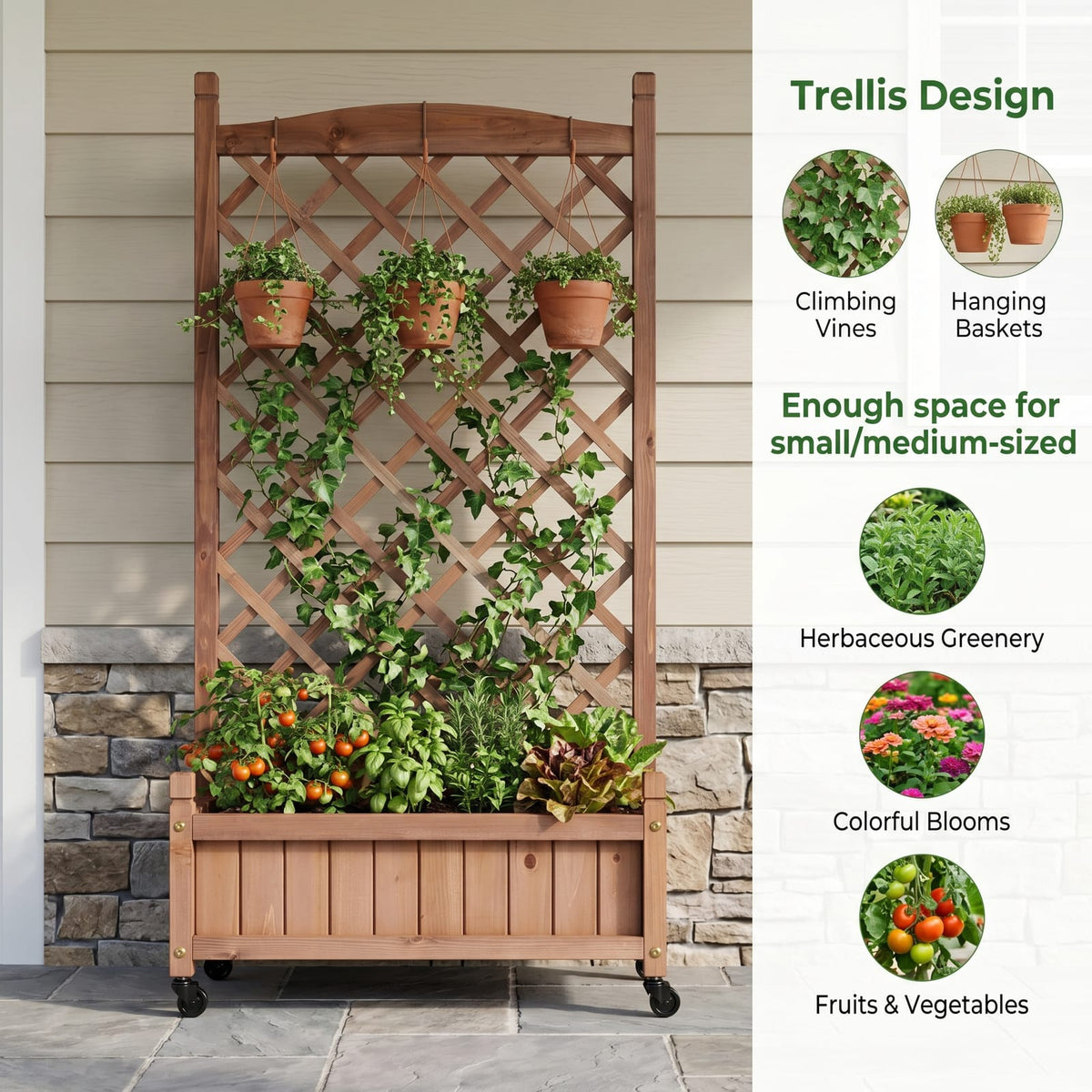 Raised Garden Bed with Trellis 2 Pack - Brown Wooden Planter Box