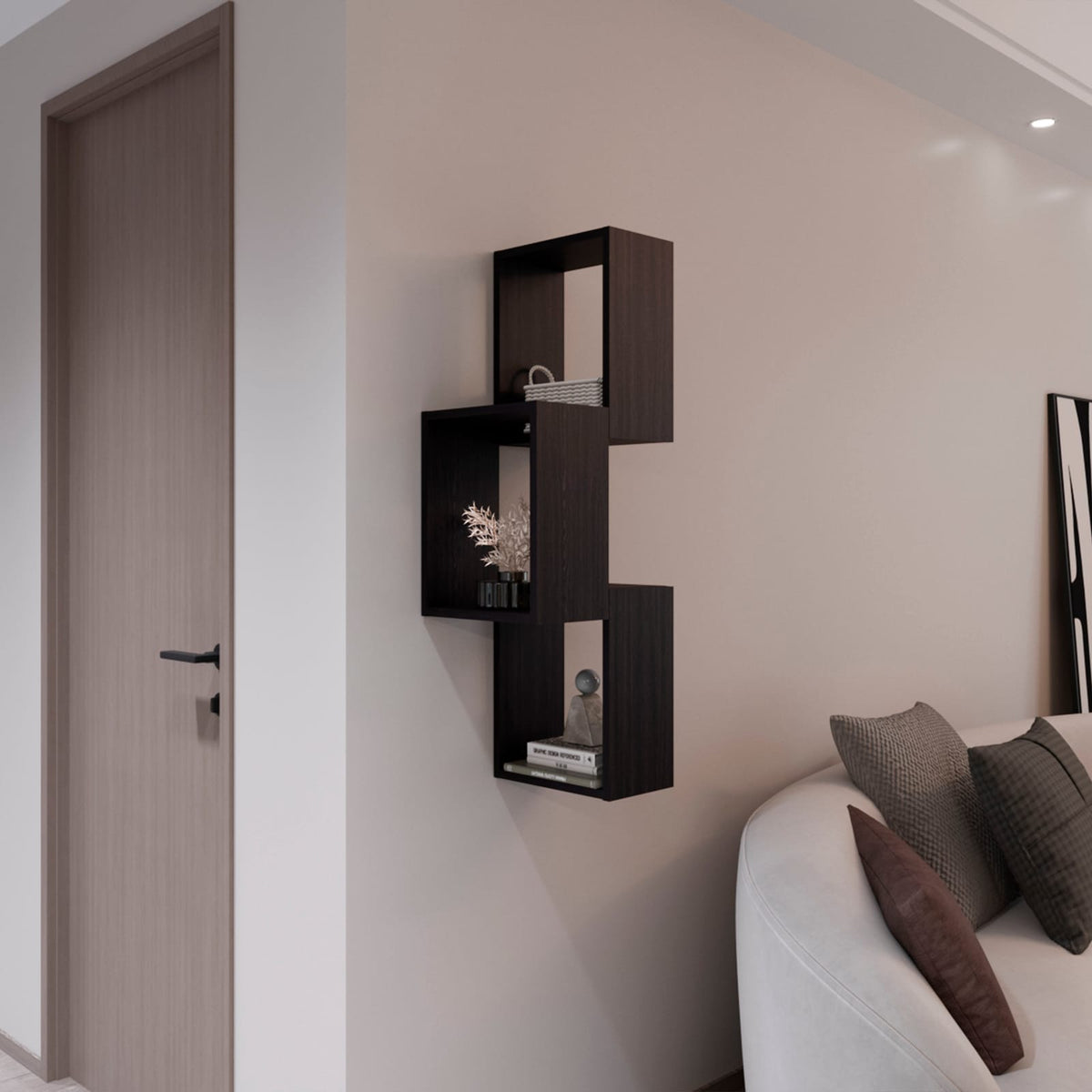6-Cube Black Wall Shelf - Particle Board Storage for Living Room