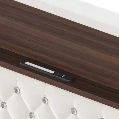 Queen Velvet Tufted Bed Frame Beige USB Charging