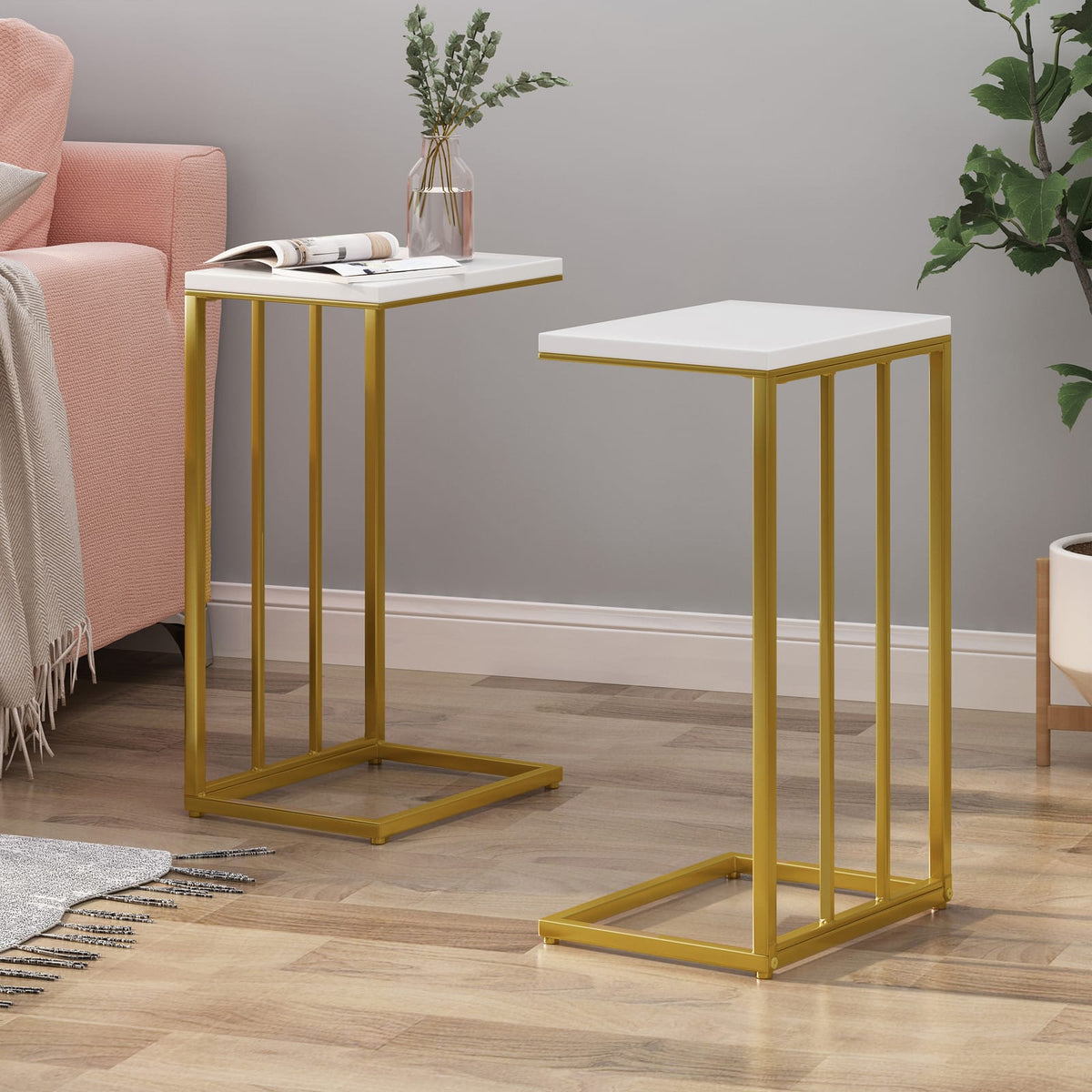 End Table - Gold & White C-Shape Accent Tables