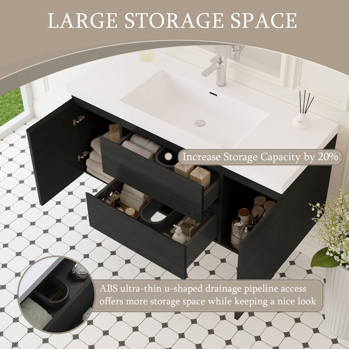 48 Inch Espresso Floating Bathroom Vanity with Resin Sink